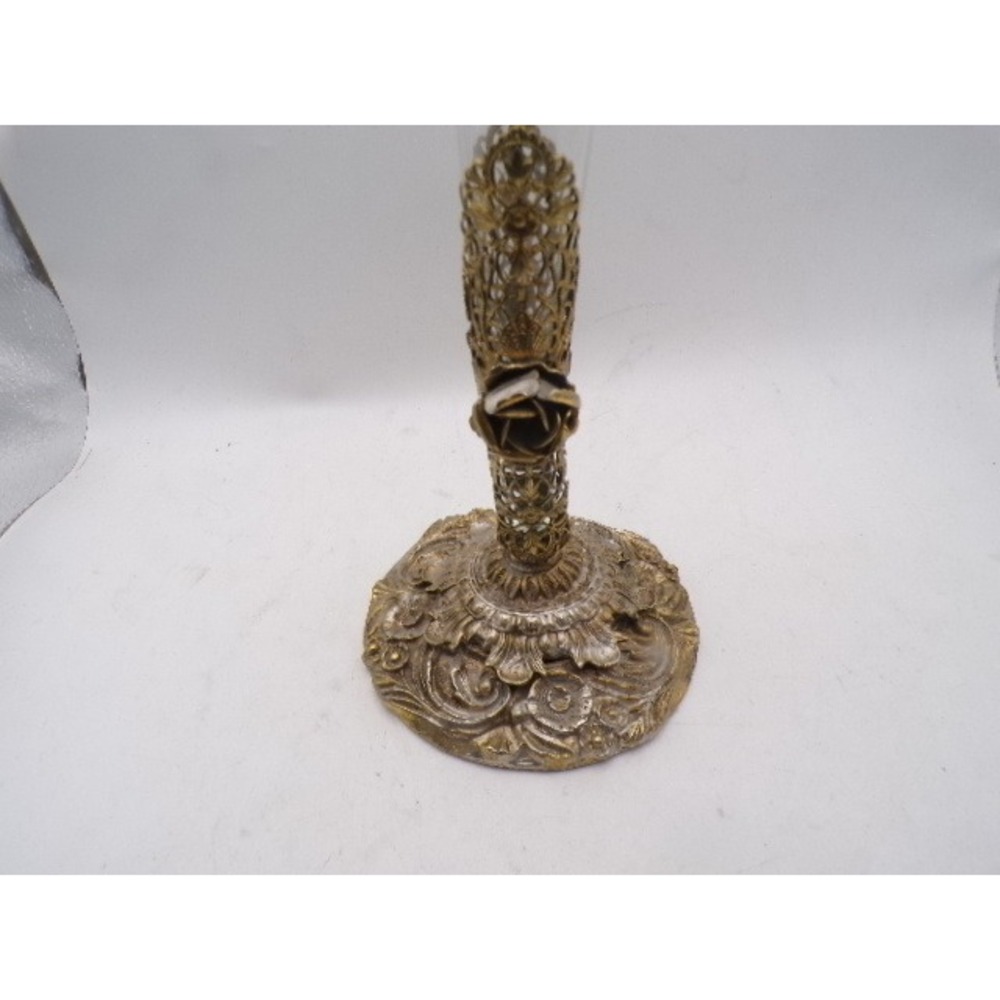 Vintage Ornate Gold Filigree Bud Vase Clear Ruffled Glass Rose Detail 11.5 inch - Picture 2 of 4